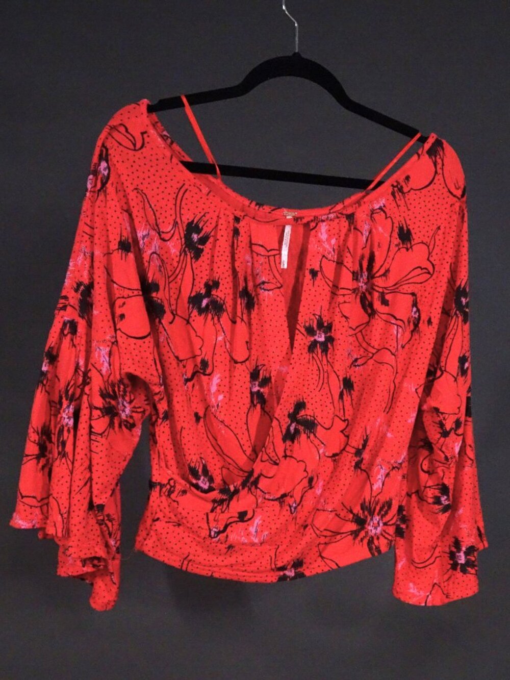 Free People Red-Orange Floral Wrap Top